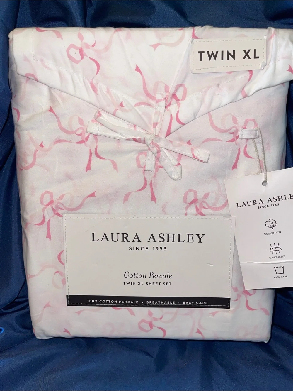 Laura Ashley Cotton Percale Twin XL Sheet Set in White with Pink Ribbon Motif